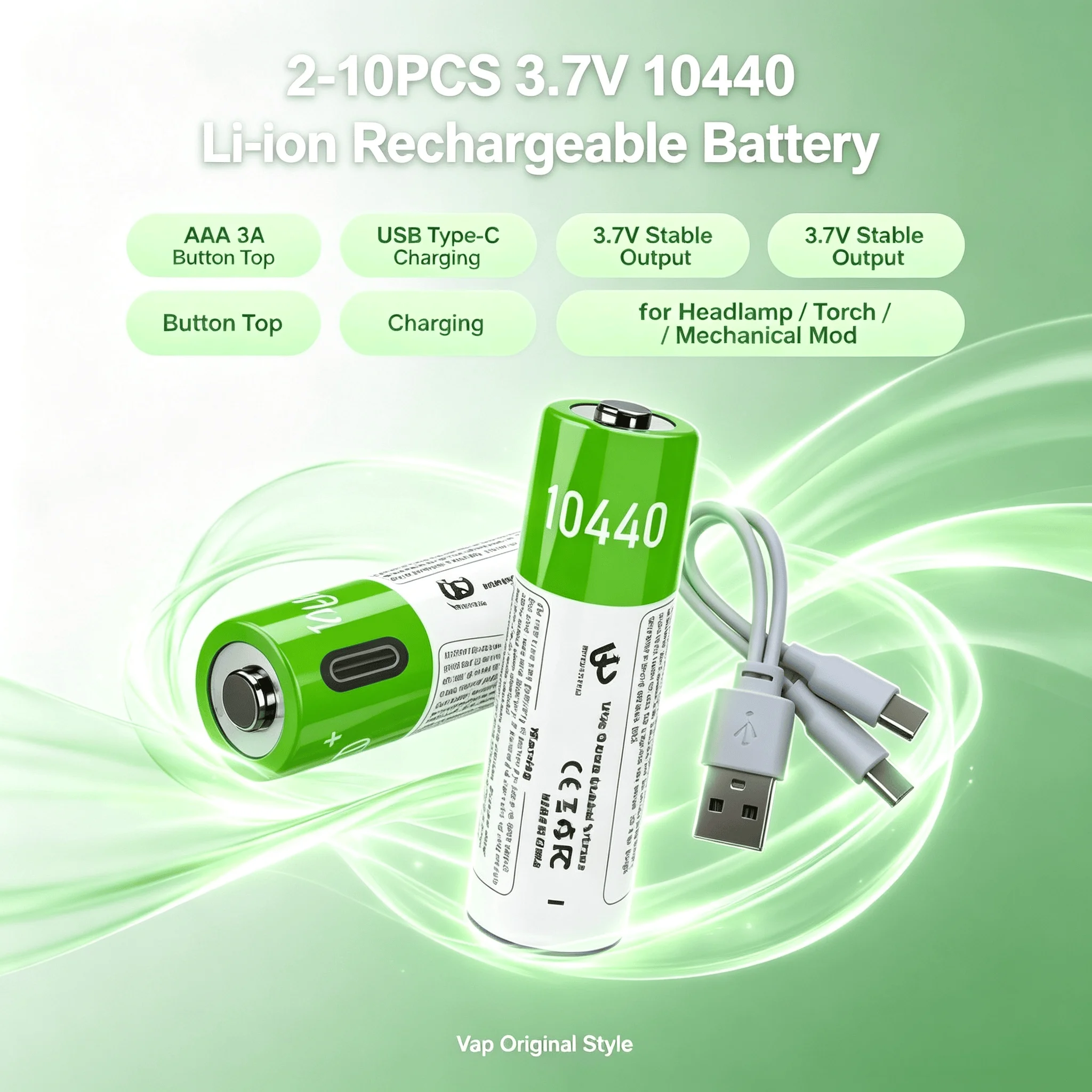 2-10PCS 3.7V 10440 Li-ion Rechargeable Battery AAA 3A Button Top for Headlamp Mechanical Mod Torch Headlight Vap Original