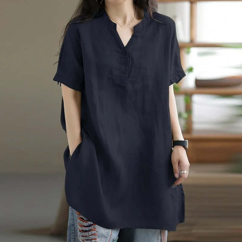 Women Single-breasted Small V Neck Pullover Shirt Comfortable Casual Solid Color Blouse Female Simple Style Loose Long Tops 2024