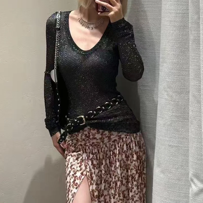 

Metallic glitter U-neck long-sleeved base layer shirt, fashionable, versatile and slimming T-shirt top, 2025 Autumn new style