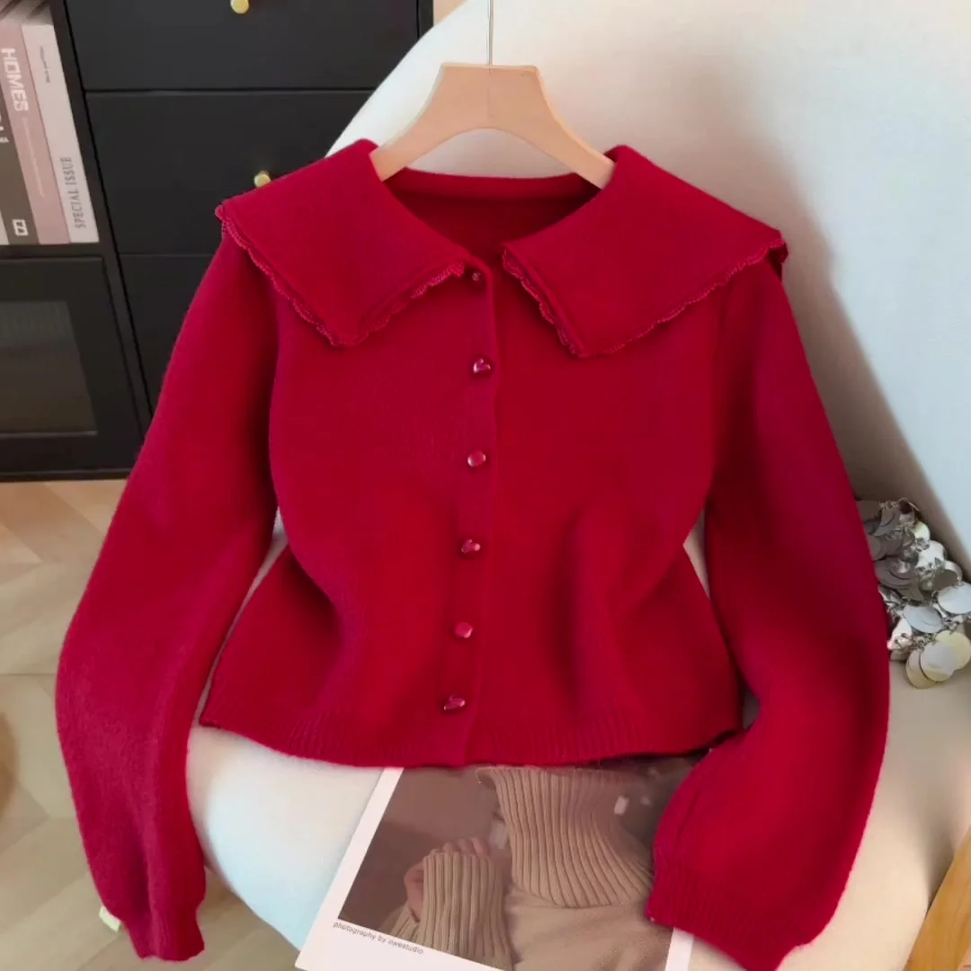 

Женский рождественский красный кардиган 2000-х годов, винтажный джемпер с воротником «Питер Пэн», вязаный кашемировый свитер с длинными рукавами для женщин