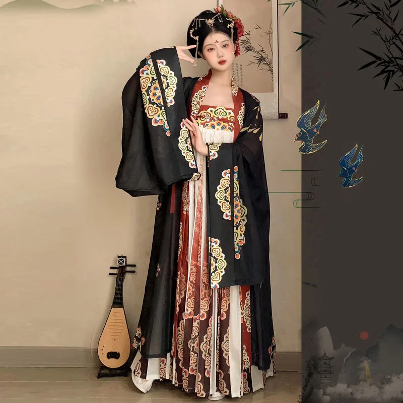 Original Hanfu Women Ancient Costume Elegant Tang Dynasty Traditional Princess Dress Cosplay Flower Print Dance Stage Dress Set