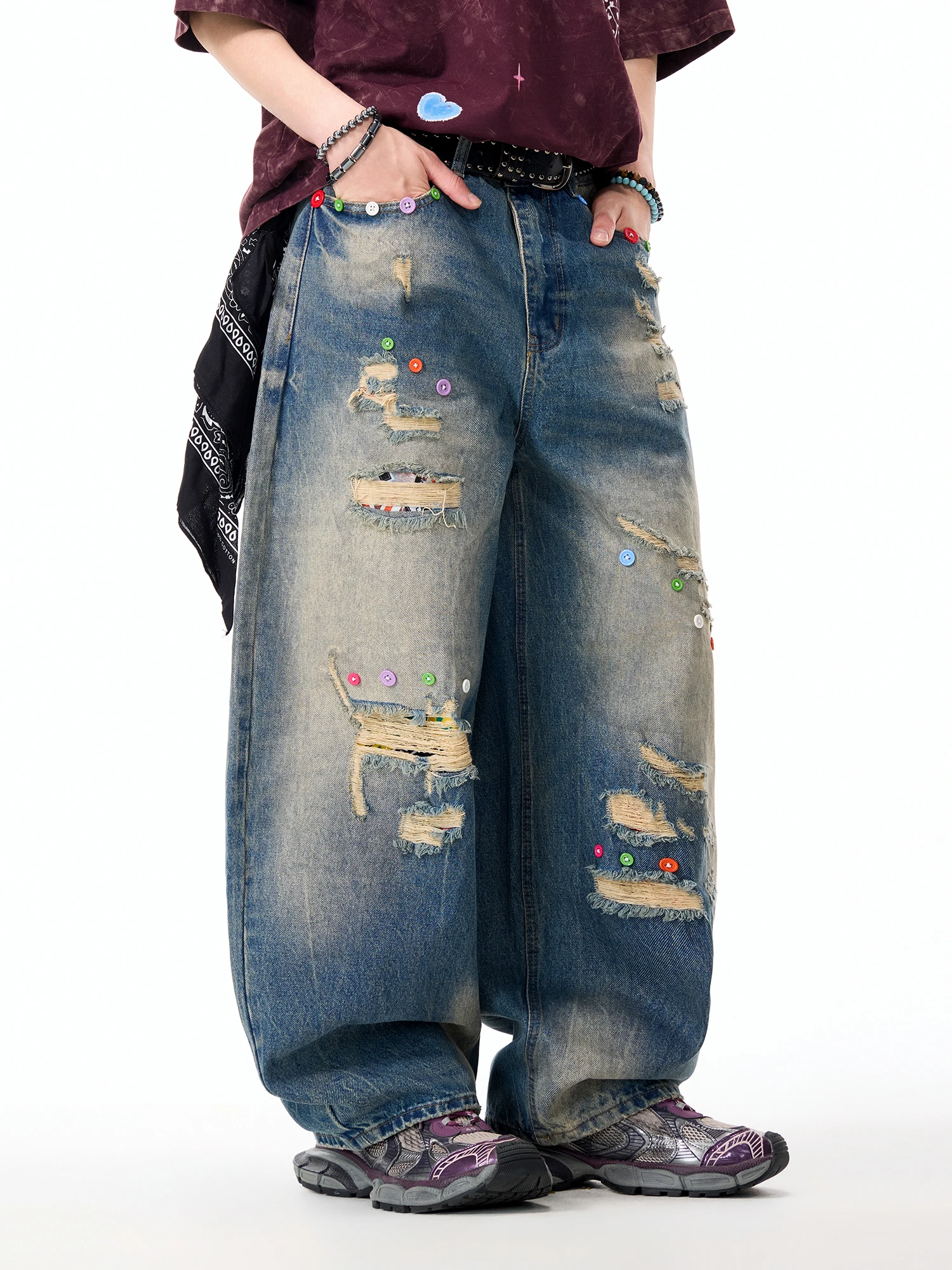 Calça Jeans LAMLICKA Vintage Azul de Perna Larga Masculina e Feminina, Casual de Verão, Solta, Rasgada, Estilo Jovem Urbano