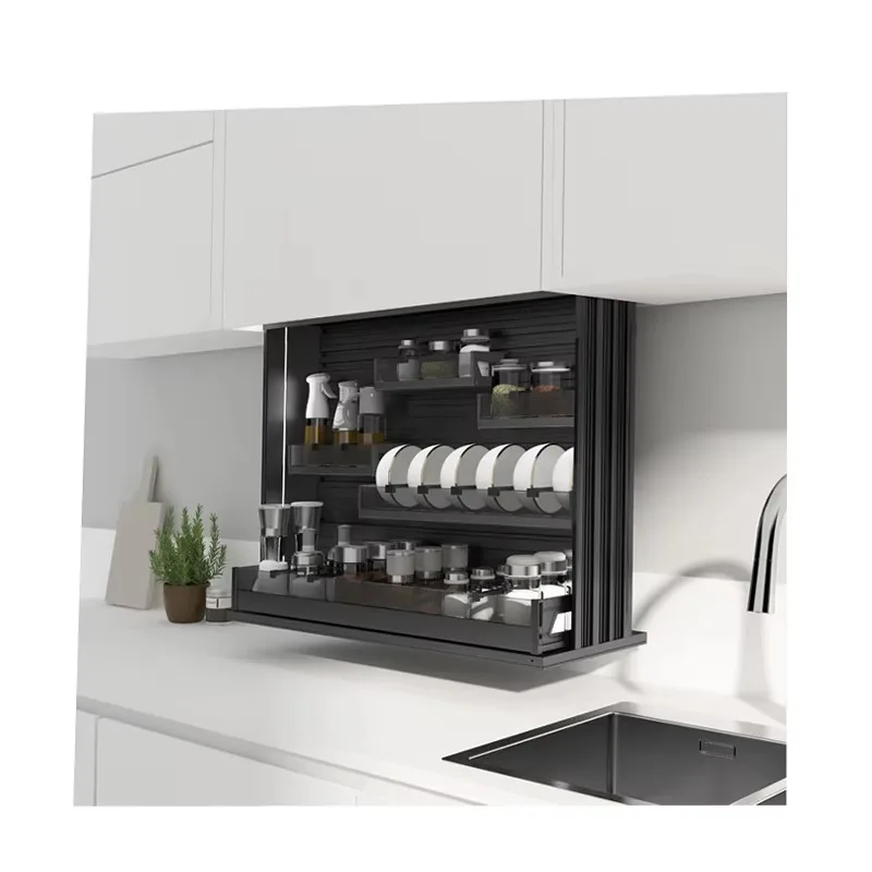 

Adjustable Kitchen Wall Lift-up Cabinet Storage Seasoning Basket with Aluminium Alloy Material