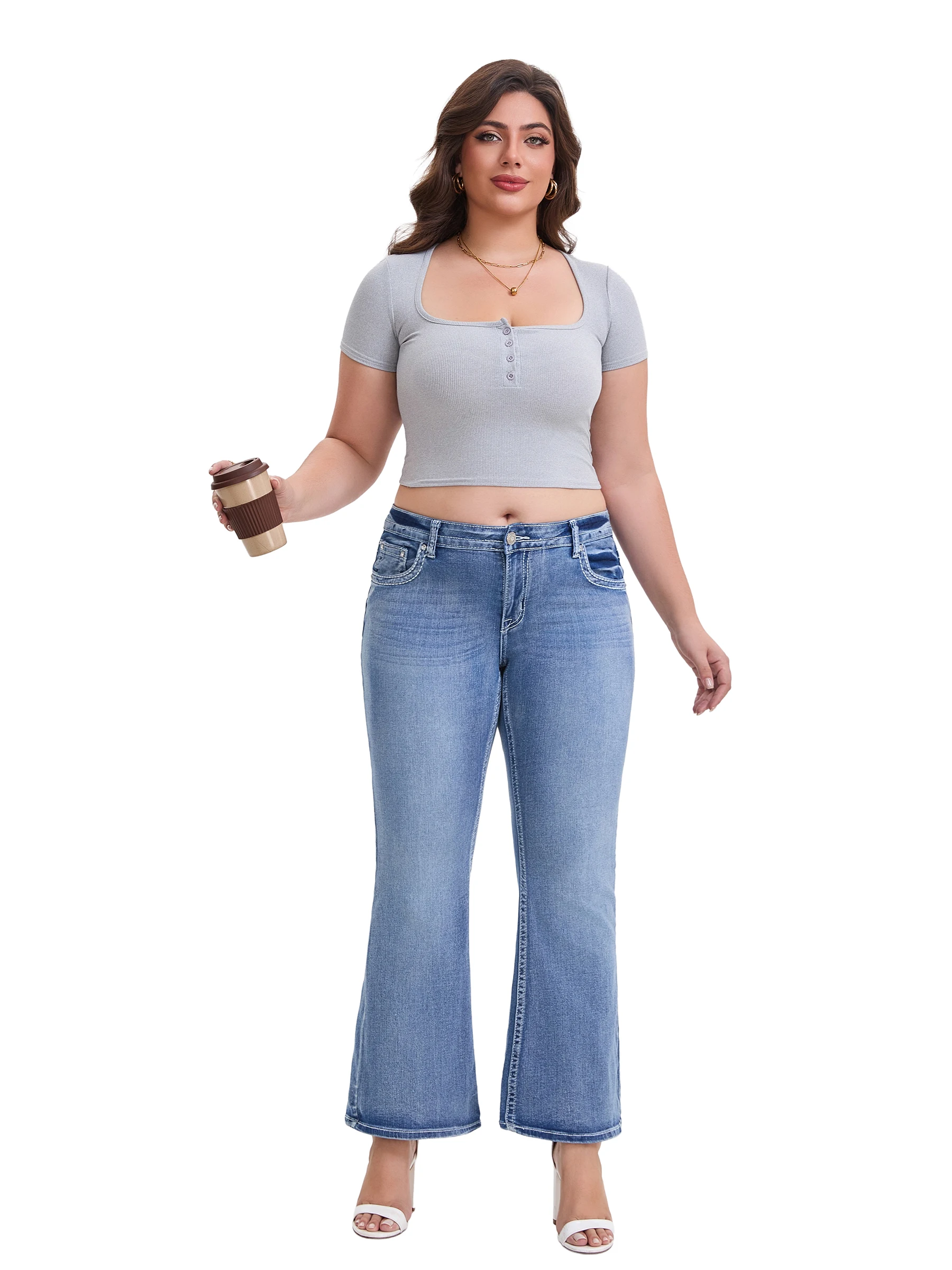 Gestickte Flare-Jeans für Damen, mittelhoher Bund, hohe Stretch-Stern-Design, Lady High-Street-Vibe, Flare-Ziehhose für große Frauen