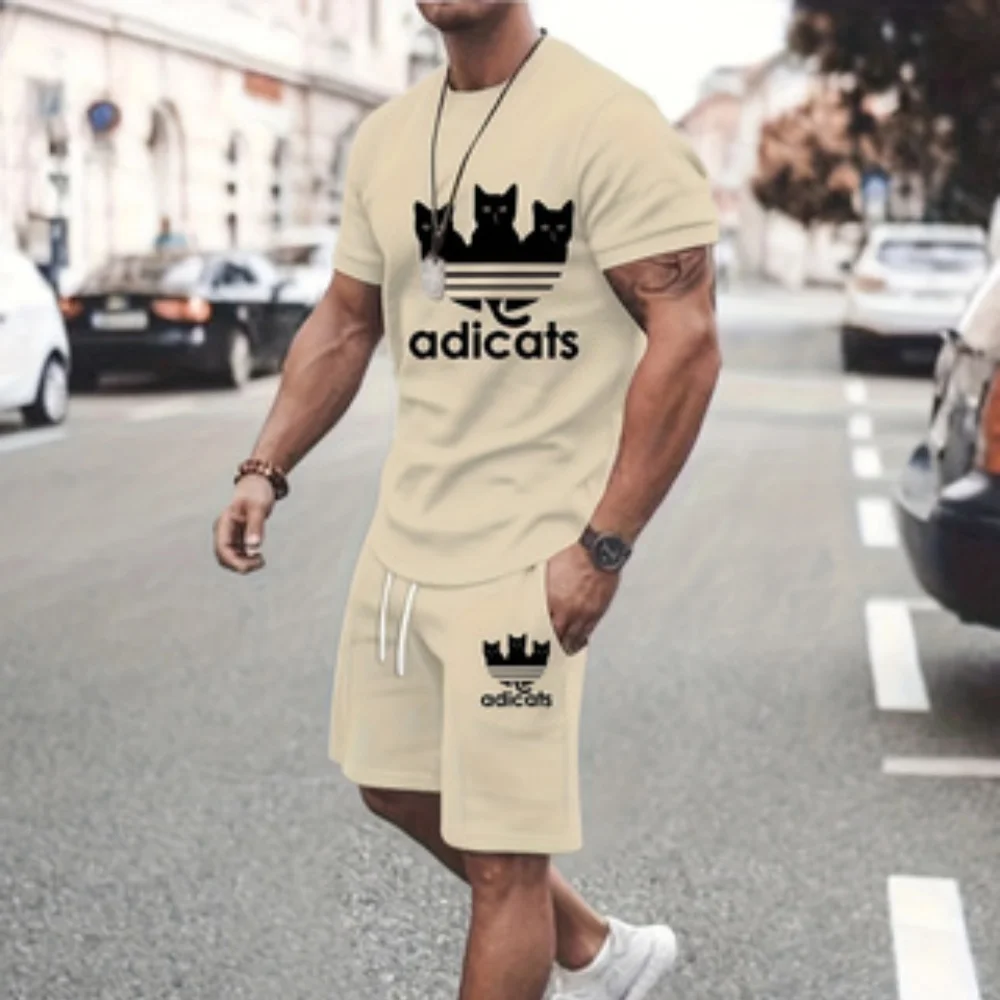 Summer Patchwork Monogrammed T-Shirt Men Crew Neck Short Sleeved Drawstring Shorts Tracksuit Outdoor Street Photography Clothing