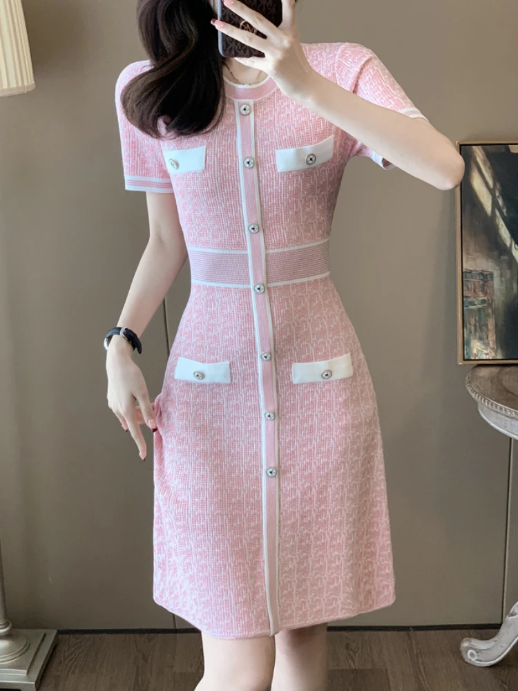 

2024 High Quality Printed Ice Silk Knitted Dress Women Summer French Sweet Pink Stitching Slim-Fit A-Line Skirt Party Commuting