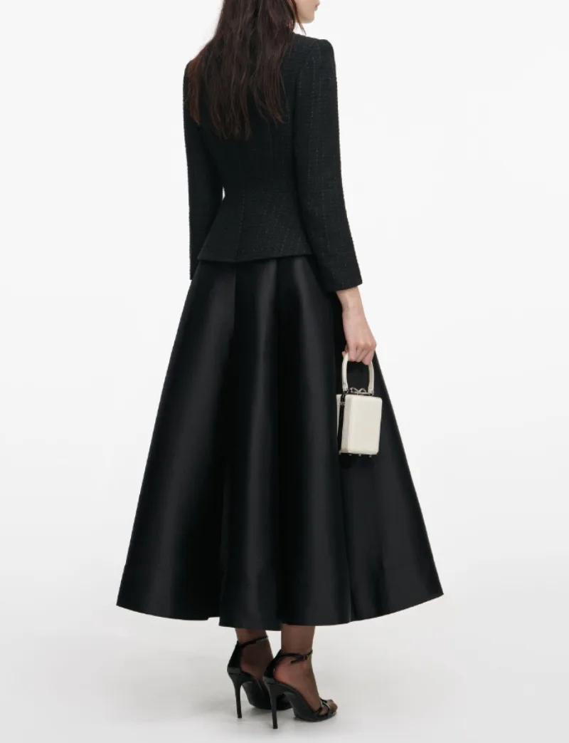 فستان نسائي أسود من التويد بأكمام طويلة ورقبة دائرية عتيق أنيق من فيستدوس ضيق عالي الخصر ملابس أنيقة للسيدات