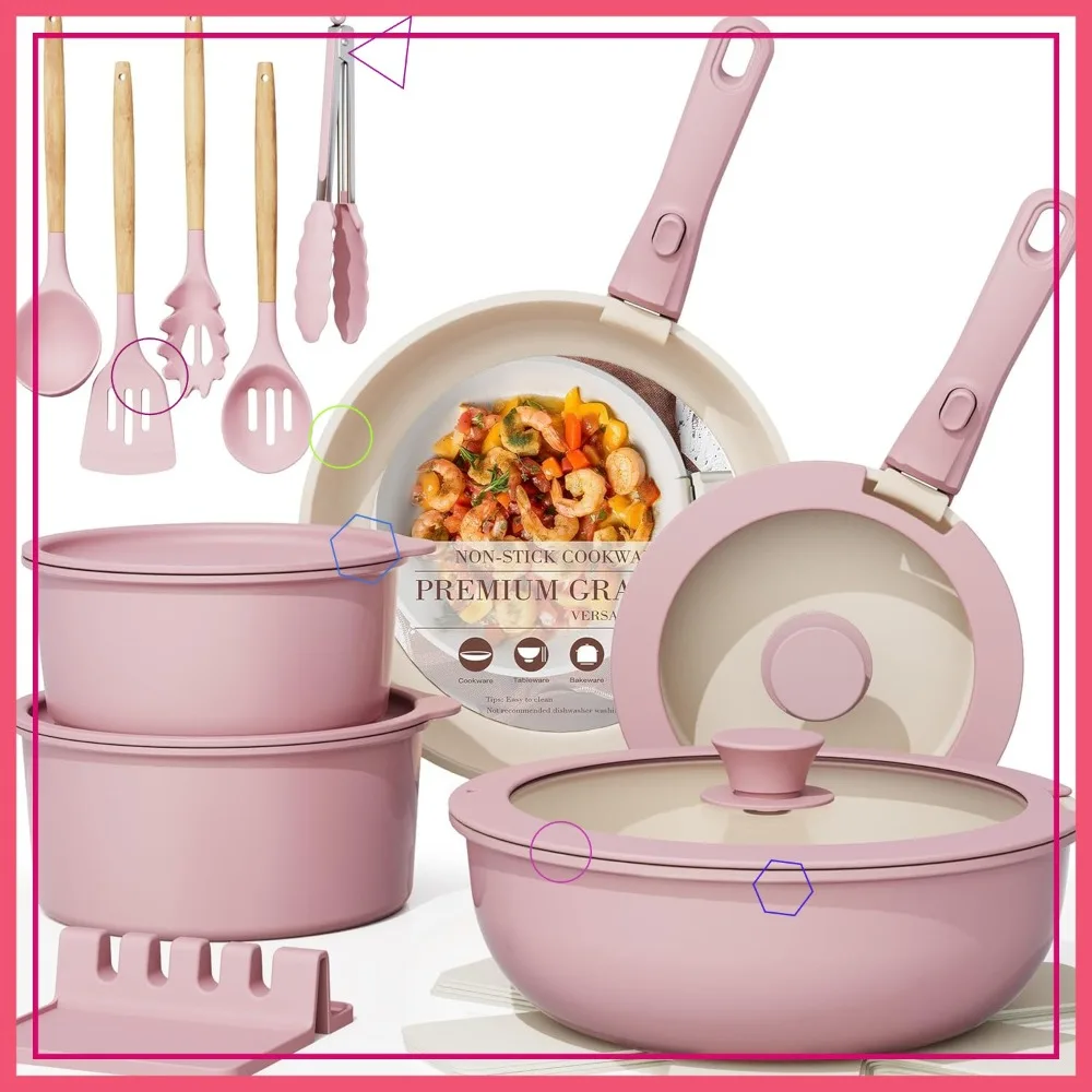 

21-Piece Non-Stick Ceramic Cookware Set with Detachable Handles, Oven & Induction Safe, Stackable in Pink