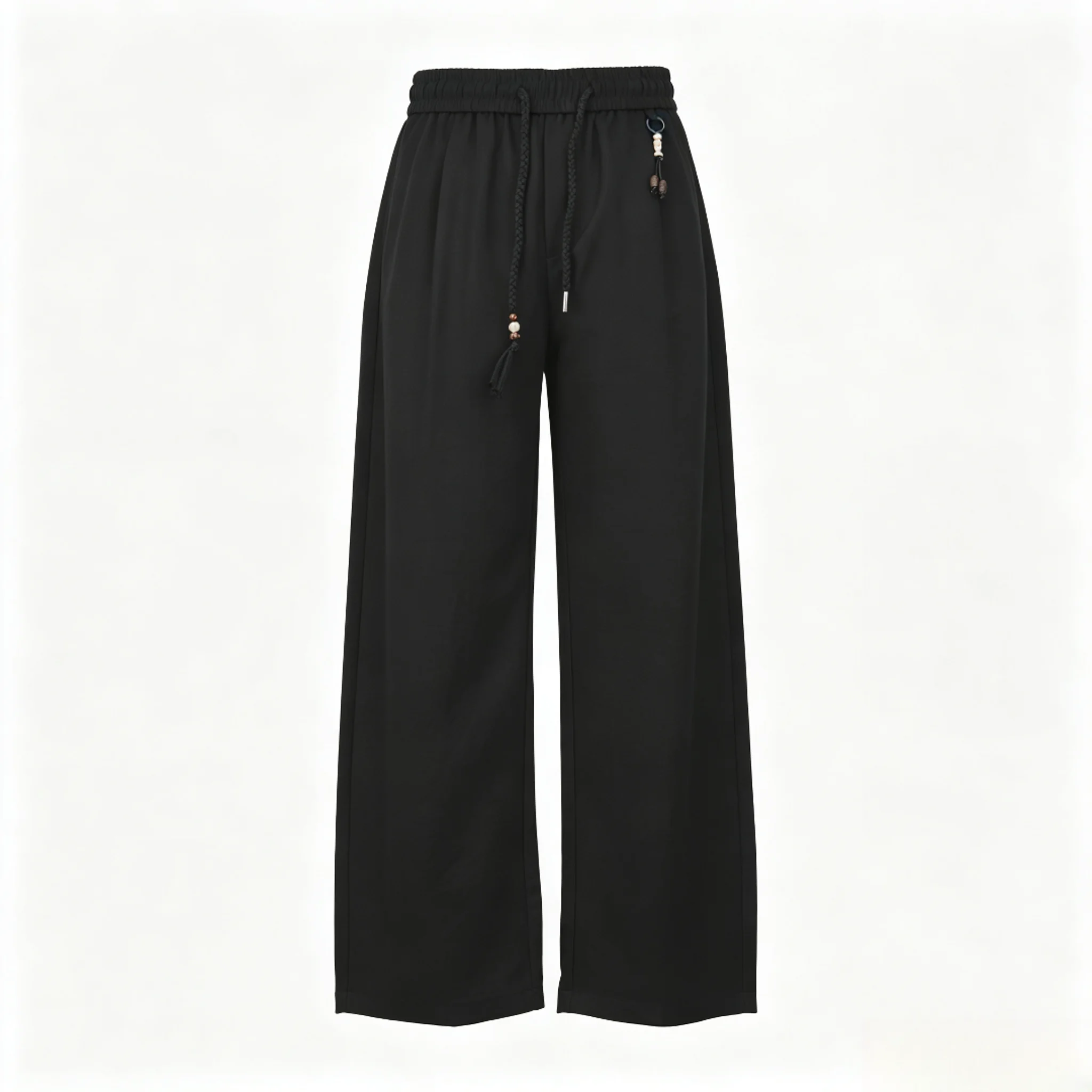 Black High-Waist Drawstring Casual Pants Men's Loose Straight Leg Sports Trousers Comfortable Breathable Leisure Trousers