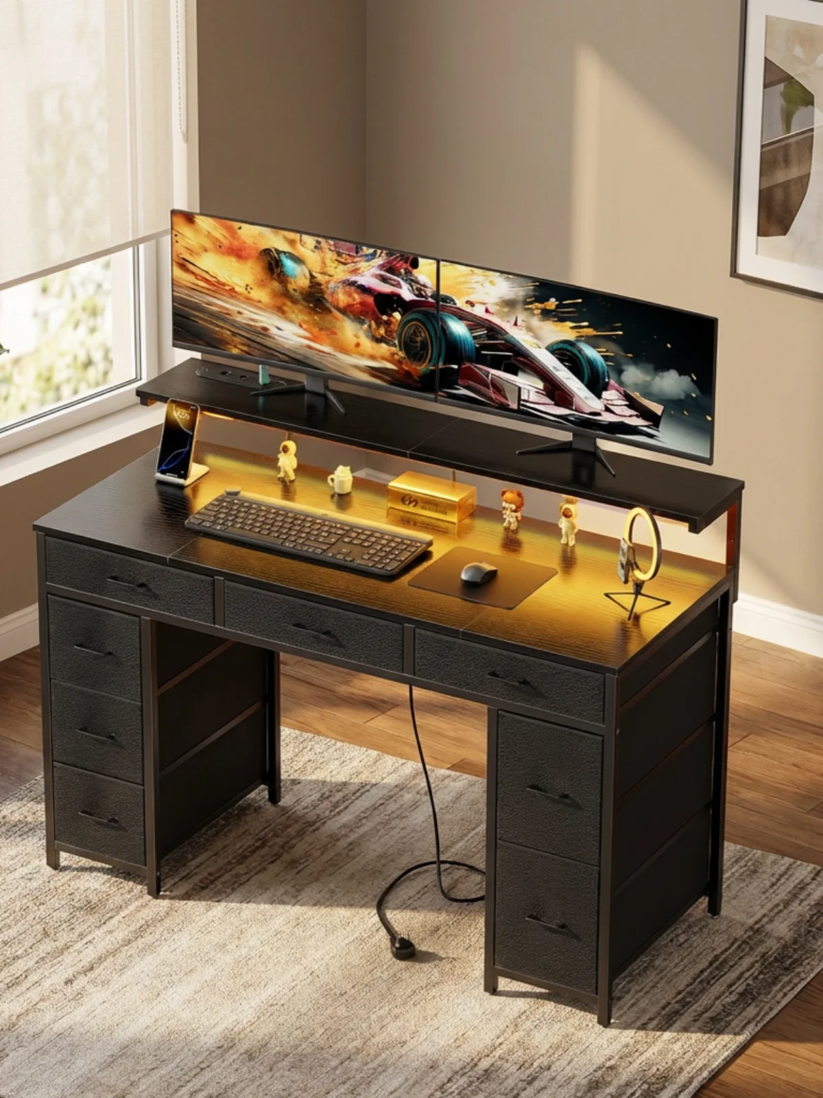 Computerbureau met 8 opberglades, verstelbare monitorstandaard, bureau met LED-verlichting en USB-aansluitingen, gametafel - afbeelding 2