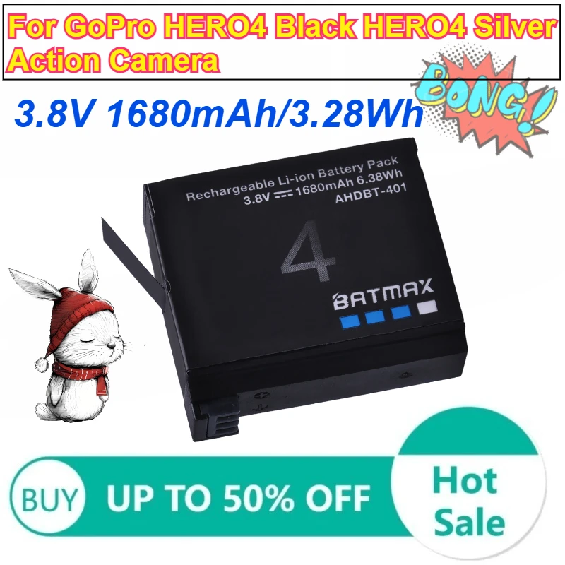

Rechargeable Li-ion Battery 3.8V 1680mAh/3.28Wh AHDBT-401 for GoPro HERO4 Black HERO4 Silver Action Camera Batteries