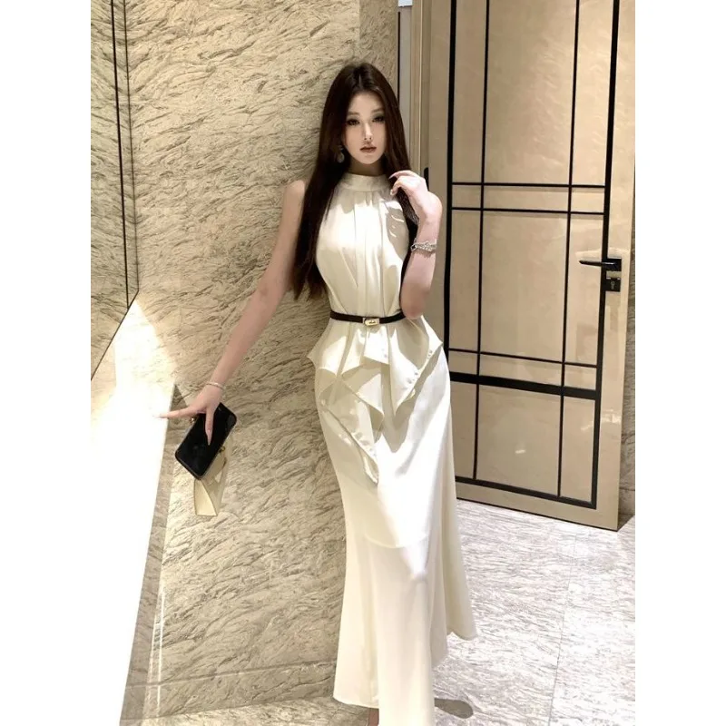 Temperament High-end Noble Beauty Top Satin Sleeveless Suit Summer Slim-fitting High-waisted Fishtail Skirt Skirt Skirt