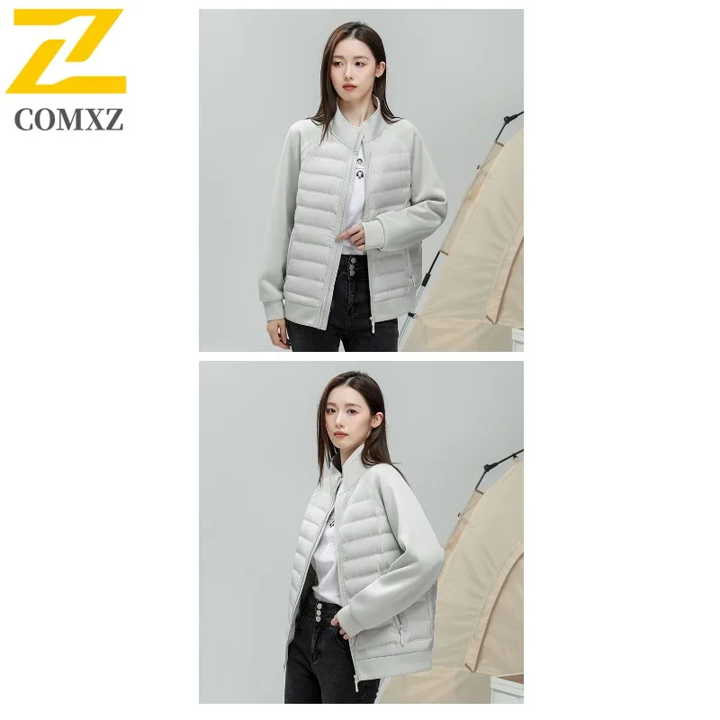 COMXZ Men 90% Down Lightweight Down Jacket Windproof Thermal Loose Fit Versatile Casual Stand Collar Solid Color Patchwork Coat