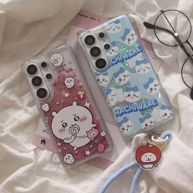 Quicksand Cartoon Chiikawa Phone Case For Samsung S26 S25 S24 S23 Ultra Cute Anime Hachiware Shockproof Soft Cover with Lanyard
