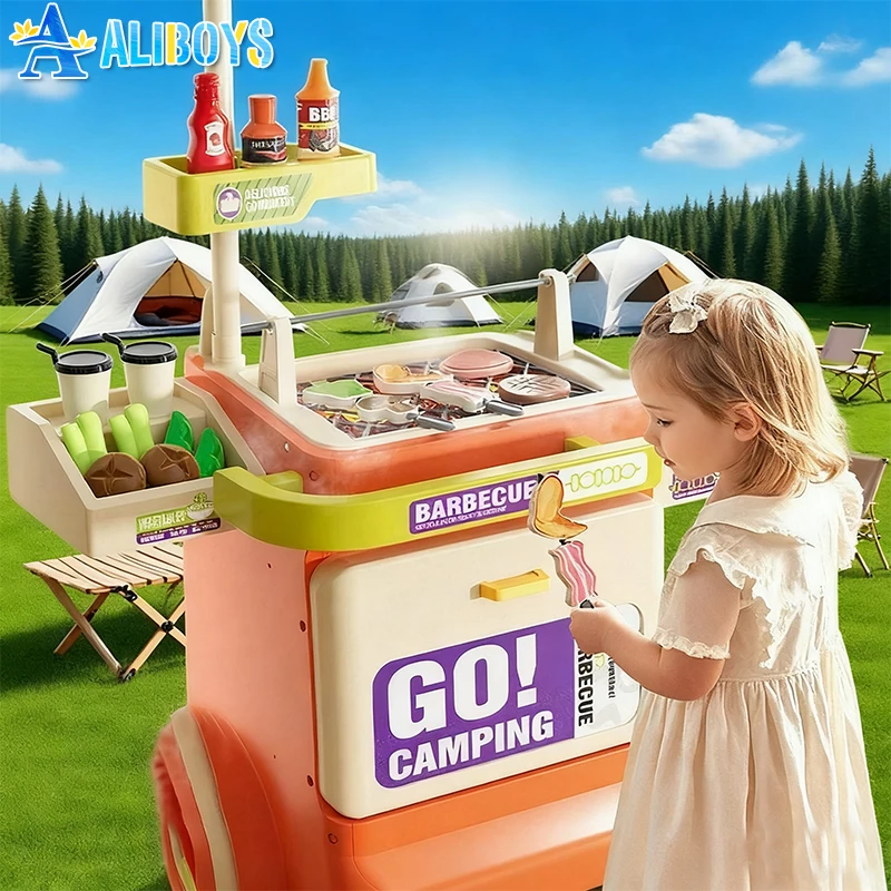 รถเข็นบาร์บีคิวของเล่น ชุดทำอาหารจำลอง รถเข็นปิ้งย่าง ของเล่นครัว อาหารจิ๋วจำลอง เกมตั้งแคมป์กลางแจ้ง ของขวัญคริสต์มาสสำหรับเด็กผู้หญิง