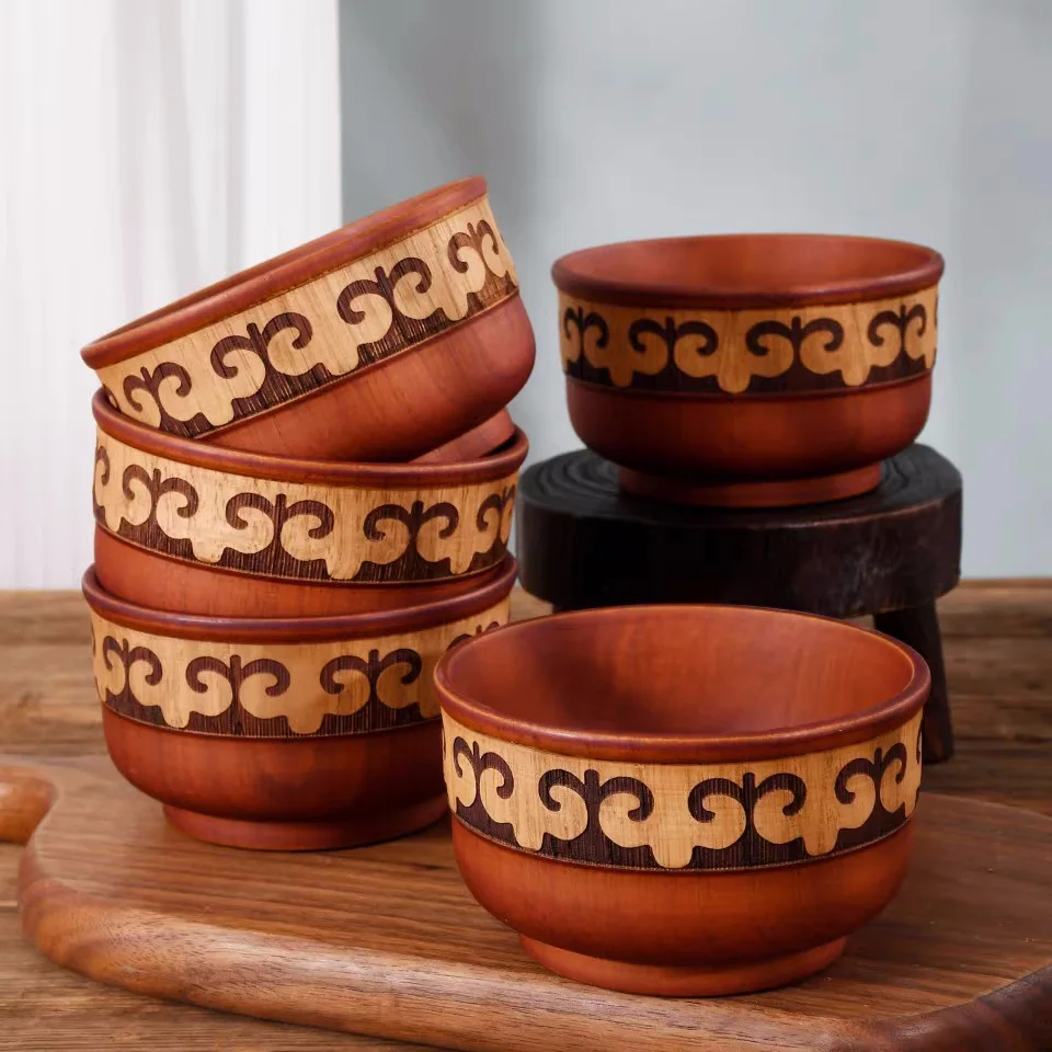 

Snow Lotus Milk Tea Wooden Bowl Restaurant Creative Anti-Scalding Bowl Round Solid Wood Bowl Rice Bowl