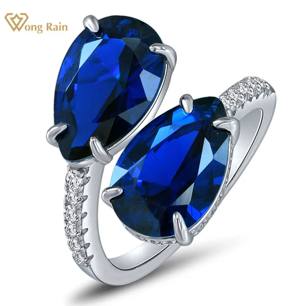 Wong Rain 925 Sterling Silver Pear Cut Lab Sapphire High Carbon Diamonds Gemstone Open Adjustable Rings Fine Jewelry Wholesale