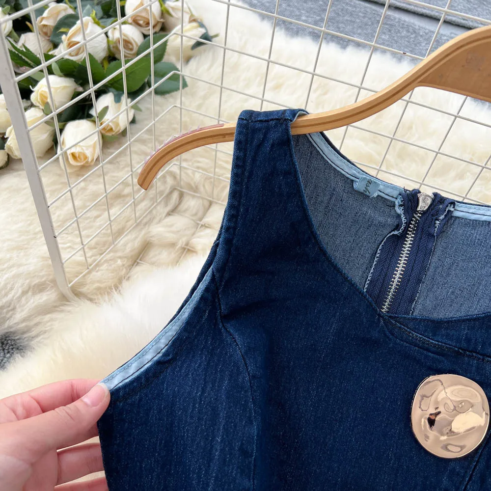 Denim Pant Set Women Two Piece Sets Sleeveless Vests Tops Wide Leg Long Pants High Waist Y2k Streetwear Elegant Work 2025