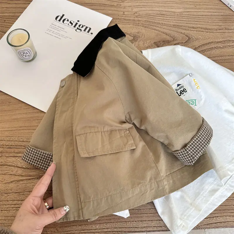 Fashion Spring Autumn Baby Boys Coats Simple Brown Zipper Jackets Trenchs Patchwork Outwears Kids Clothes