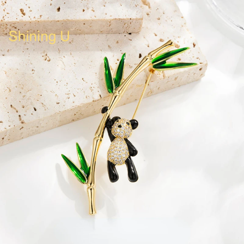 

Shining U Cute Panda Bamboo Brooch for Women Men Fashion Accessory New Chinese Style New Year Gift