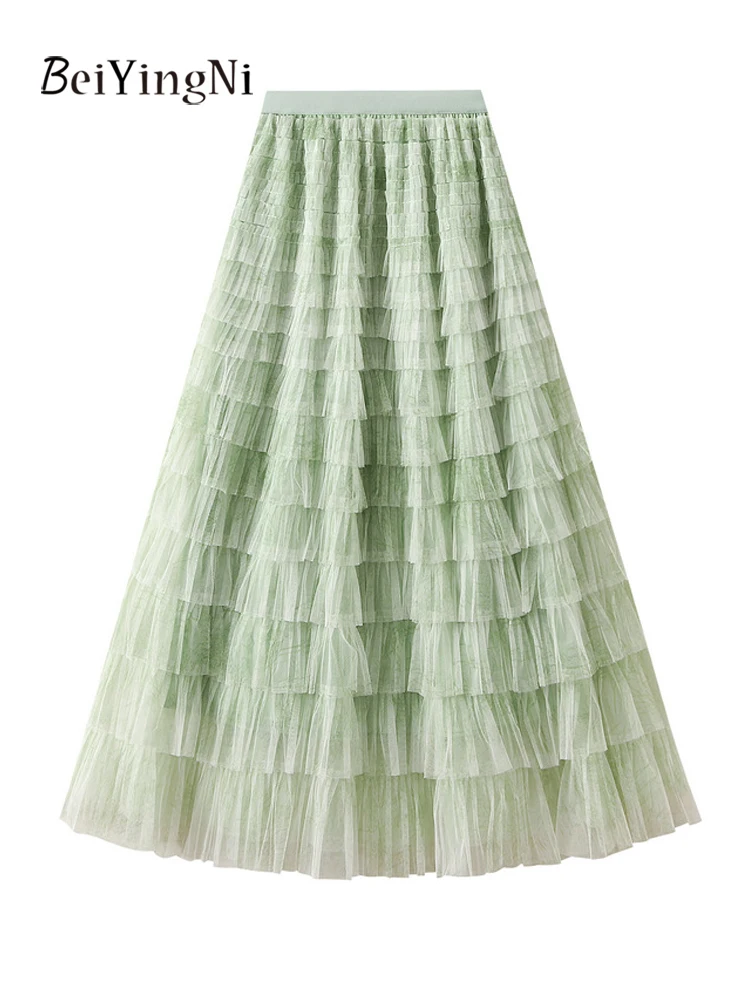 Beiyingni 2025 Woman Mesh Maxi Skirts Tie Dye Casual Tiered Long A-line Tutu Cake Skirt Ladies Elegant French Slim Party Jupes