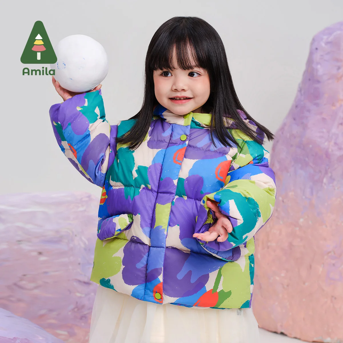 Amila Baby Down Jacket 2024 Winter New High Quality Girls Hooded Graffiti White Duck Down Warm Loose Casual Children‘s Jacket