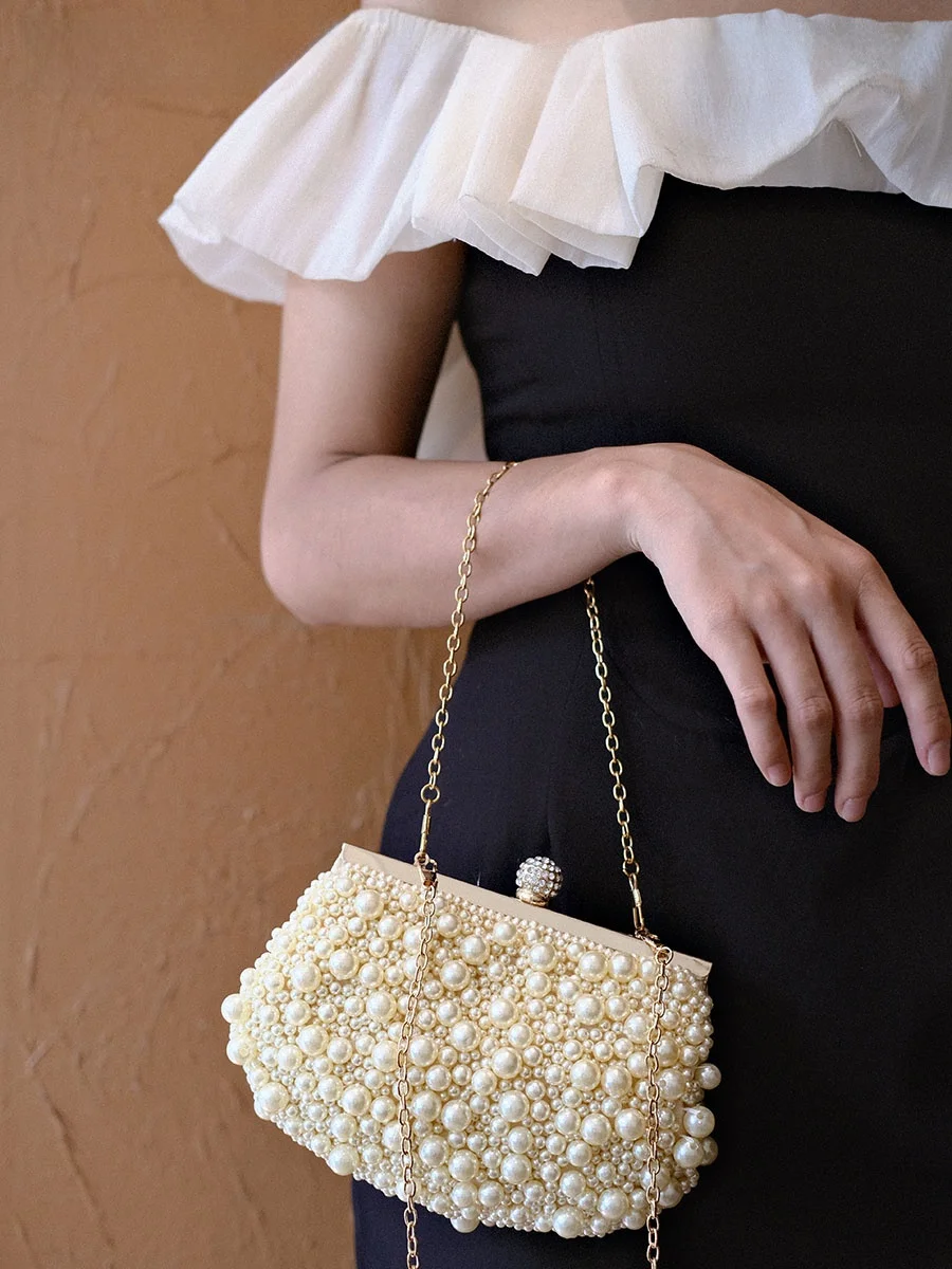 

UGALS New Chinese Style Handmade Silk Pearl Dumpling Shape Clutch Bag Evening Party Cloud Handbag Soft Magnetic Buckle Closure
