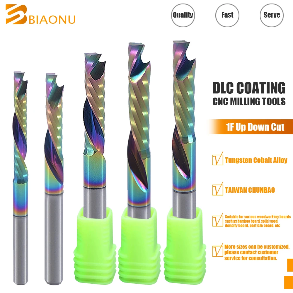 Biaonu 1Pc Milling Cutter for Wood 3.175/4/5/6/8mm DLC Coated Carbide Composite Milling Tools 1F Up Down Cut End Mill CNC Router