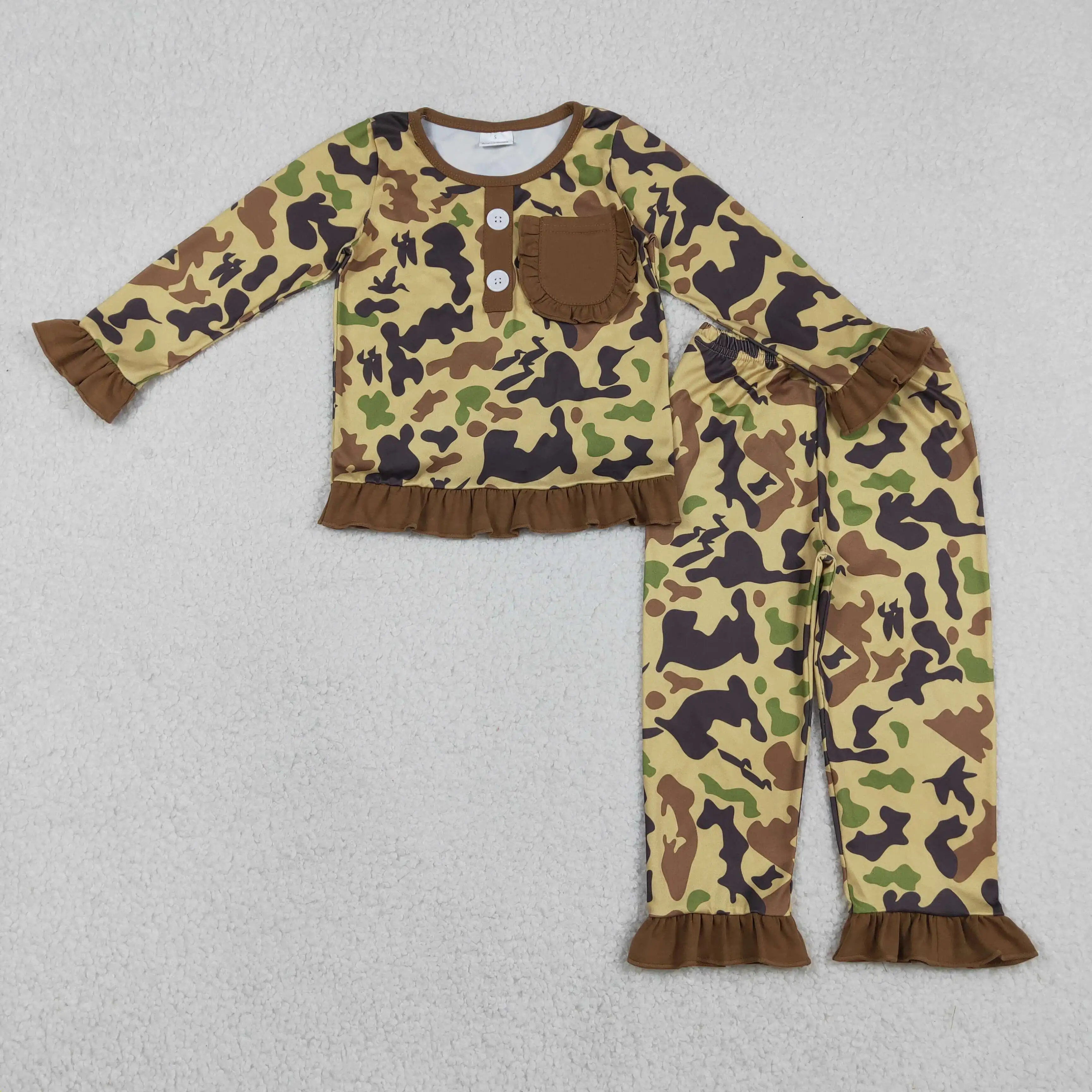 

X12.17 GLP1355 Wholesale New baby girl brown camo lace pocket long-sleeved pants pajama set