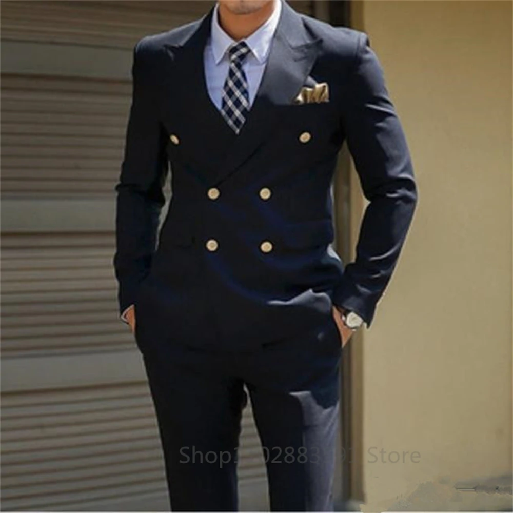 2024 Navy Blue Suits for Men Slim Fit Custom Double Breasted 2 Piece Wedding Groom Jacket Pants Tuxedos Formal Business Set