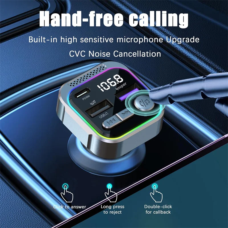 

Car Bluetooth 5.3 FM Transmitter Adapter 60W PD+QC3.0 Quick Charging RGB Light Wireless Music Radio Modulator Player