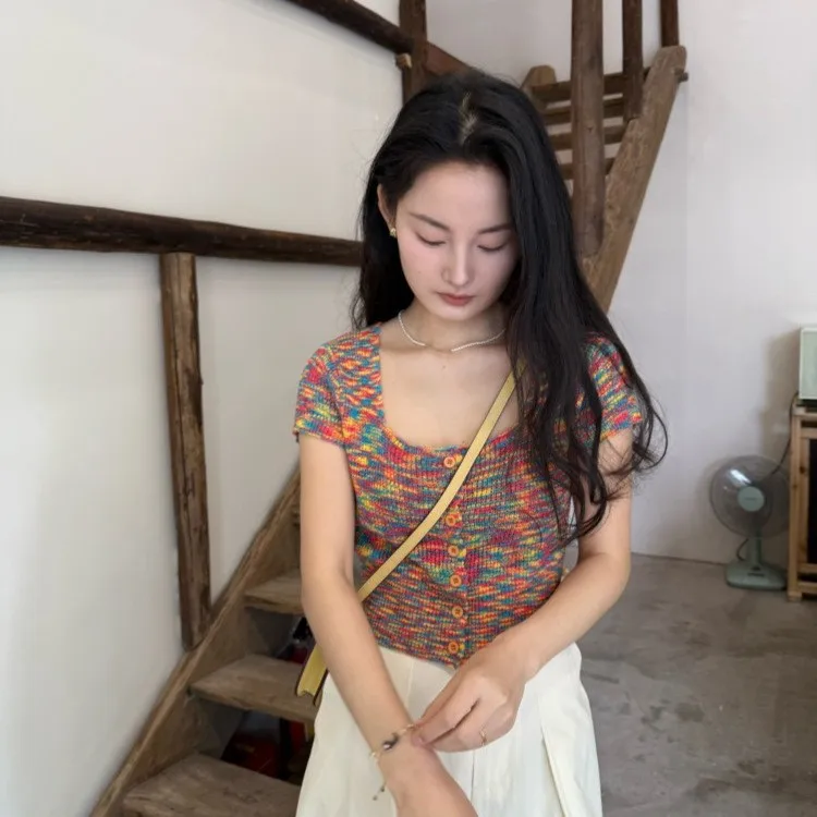 

Pure Desire Spicy ort Knitted Top Women's Square Collar Micro Transparent ort Sve Belly Button Exposure Spring Summer