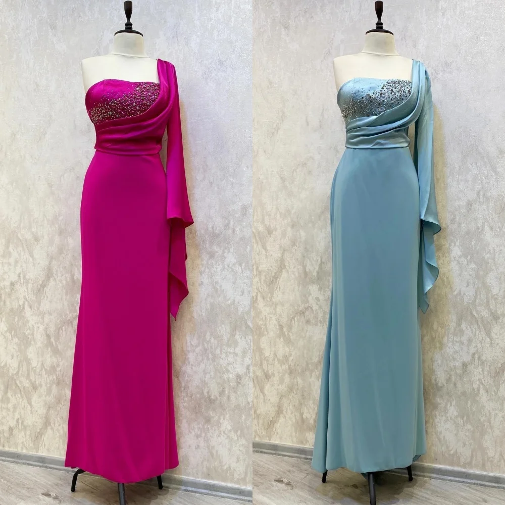 Customized Evening  Sexy Casual  Jersey Draped Beading Ruched Party A-line One-shoulder Bespoke Occasion Gown Long Dresses