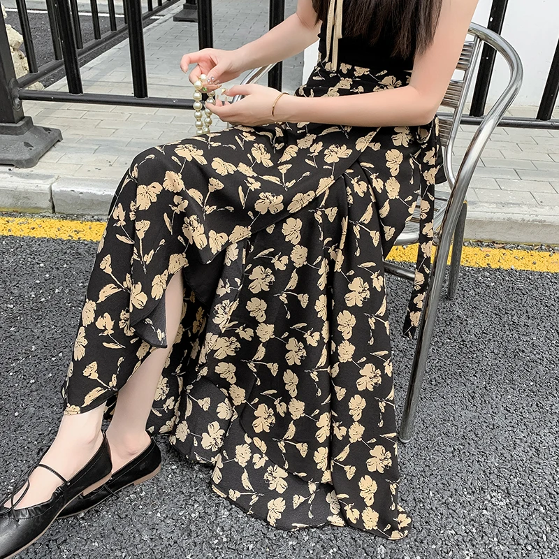 Wrap One-Piece Skirts Women Floral Printed Chiffon Skirts Spring Summer with Liner Holiday Long Skirts High Waist Saias Mujer