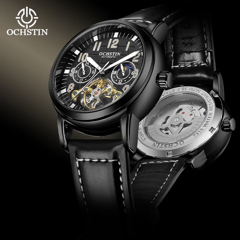 

OCHSTIN мужские летающие турбийоны скелетон механические часы мужские наручные часы с кожаным ремешком водостойкие светящиеся стрелки часы