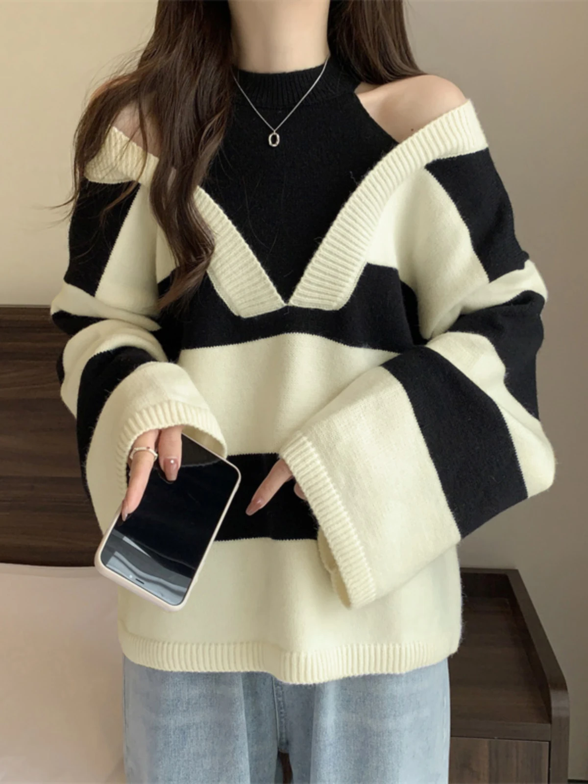 Women Striped Pullover Knitted Two-tone Sweater Fashion Harajuku Korean 90s Y2k Vintage Long Sleeves Sweater 2000s Clothes 2024