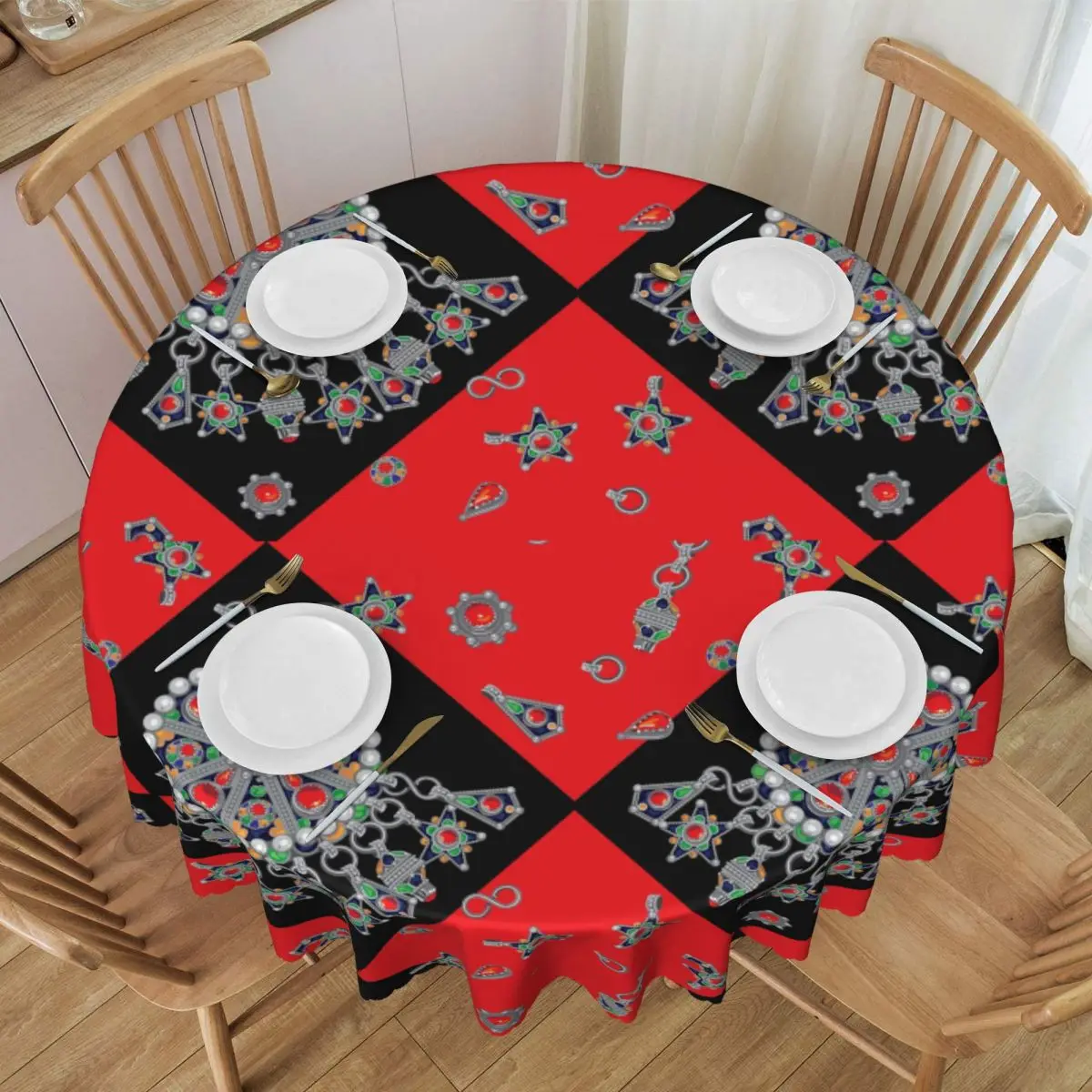 Custom Kabyle Jewelry Tablecloth Round Waterproof Amazigh Carpet Morocco Table Cover Cloth for Party 60 inches