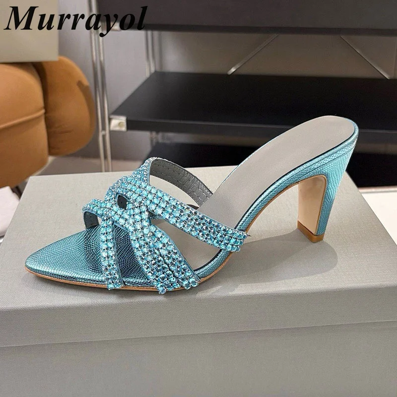 Chunky High Heels Pointed Open Toe Slippers Women Glitter Rhinestone Decor Sexy Sandals Ladies Summer Party Dress Shoes 2026