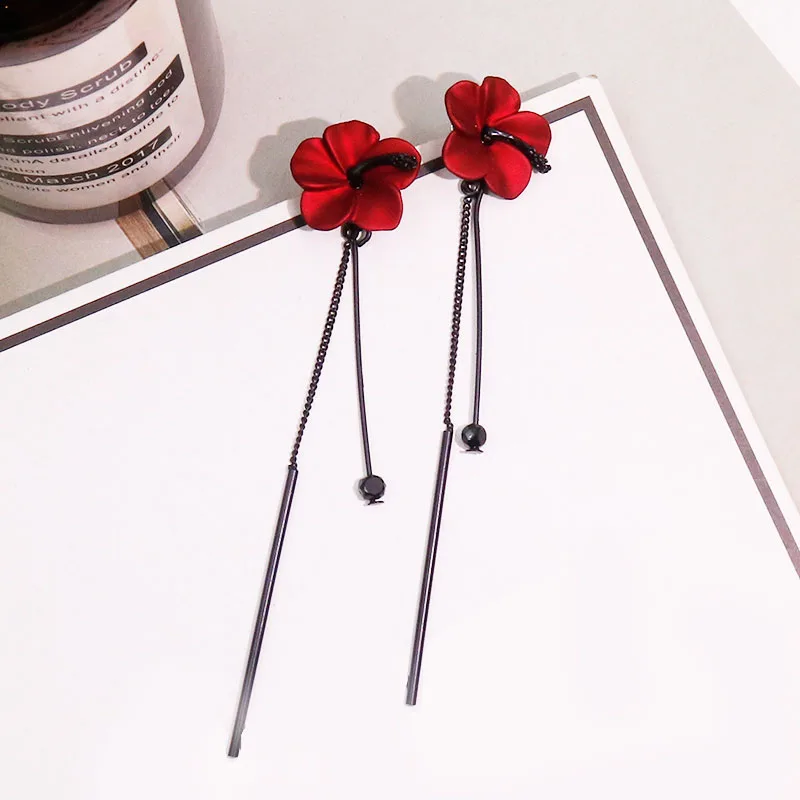 Vintage Red Rose Flower Tassel Stud Earrings For Women Temperament Long Hanging Pendant Dangle Korean Style Jewelry Gift Brincos