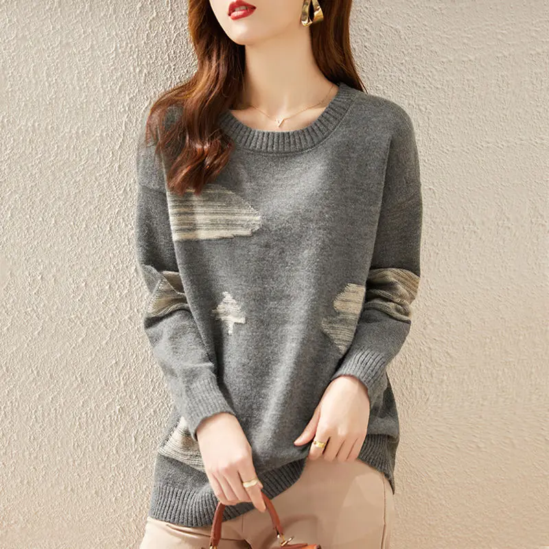 Temperament Autumn/Winter New Sweaters Women\'s O-Neck Patchwork Contrast Color Fashion Casual Long Sleeve Knitted PulloversTops