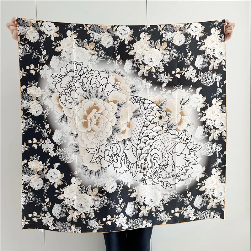 

Flower Satin Silk Mulberry Scarf 110cm Big Hand Rolled Bandanas Designer Luxury Brand Shawls Women Accessories Decoration Gift