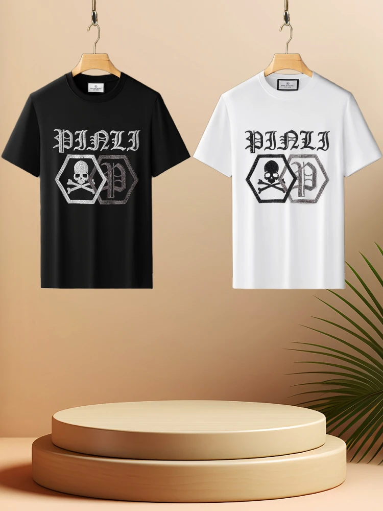 

Faionable Summer 2025 Men's Slim Fit T-irt ort Sve High Luxury PP Rhinestone Skull Liquid Ammonia Cotton Top