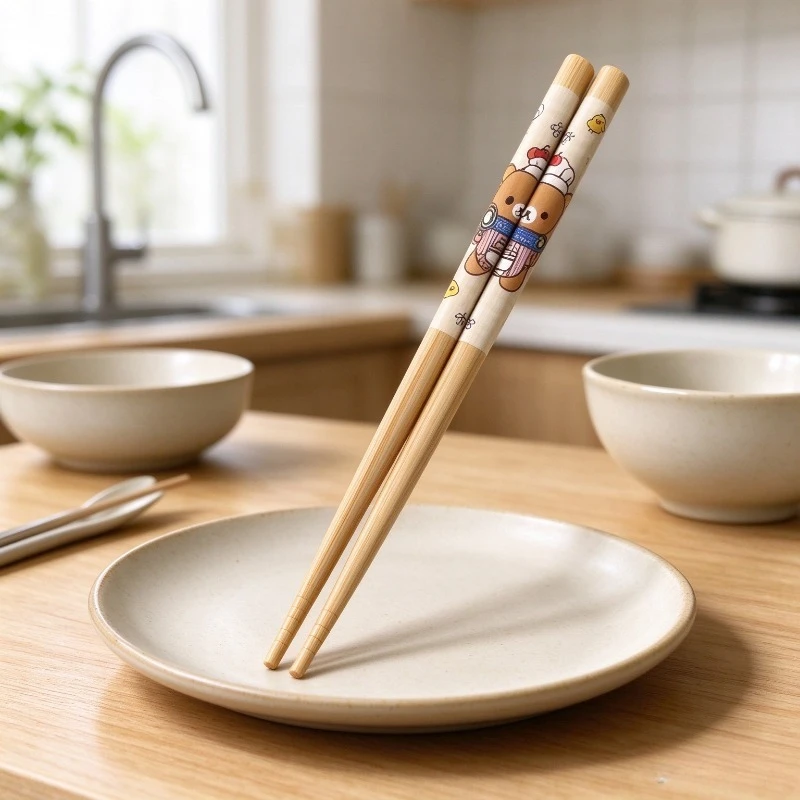 Rilakkuma Bamboo Chopstick Set Cute Cartoon Bear Chicken Pattern Reusable Chopsticks Tableware Gift