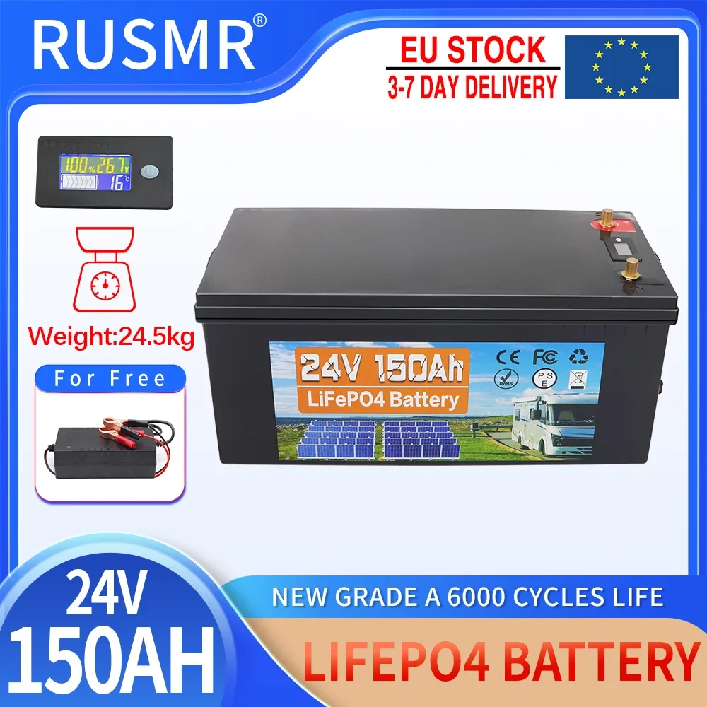 24V 150AH 100Ah LiFePo4 Battery Built-in BMS Lithium Iron Phosphate Cell Pack 6000 Cycle For RV Campers Golf Cart Solar Tax Free