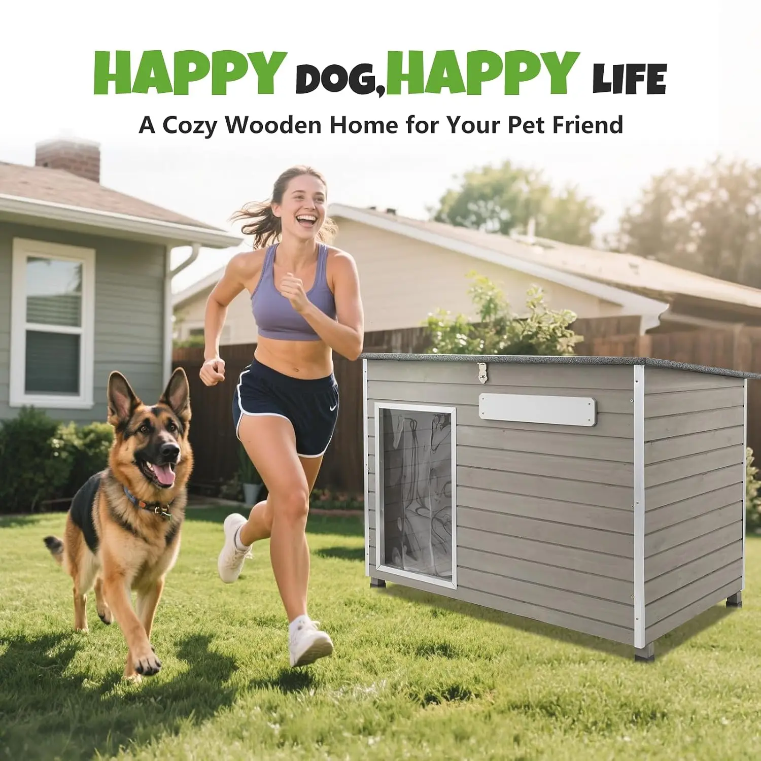 Large Outdoor Dog House, Weatherproof Wood with Chew-Resistant Alloy Frame