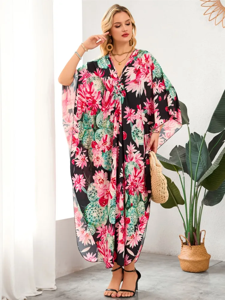 

2026 New Africa Fashion Boho Popular Printed Twill Kaftan Maxi Dress Summer Beach Bohemian Batwing Sleeve Long Dress For Lady