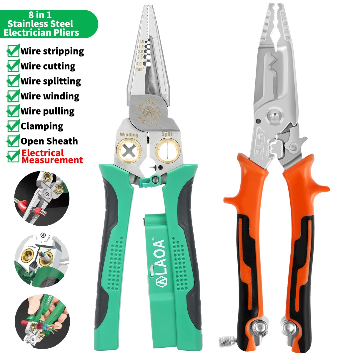 8 IN 1 Multifunctional Wire Stripping Pliers Stainless Steel Cable Stripping Cutter for Wire Winding Electrical Measurement Tool