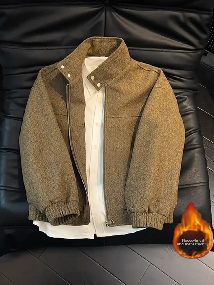 

American Sle Button Stand Collar Deconstructed Woolen Coat Men's Thiened Trendy Design Cotton Jaet for Autumn Winter