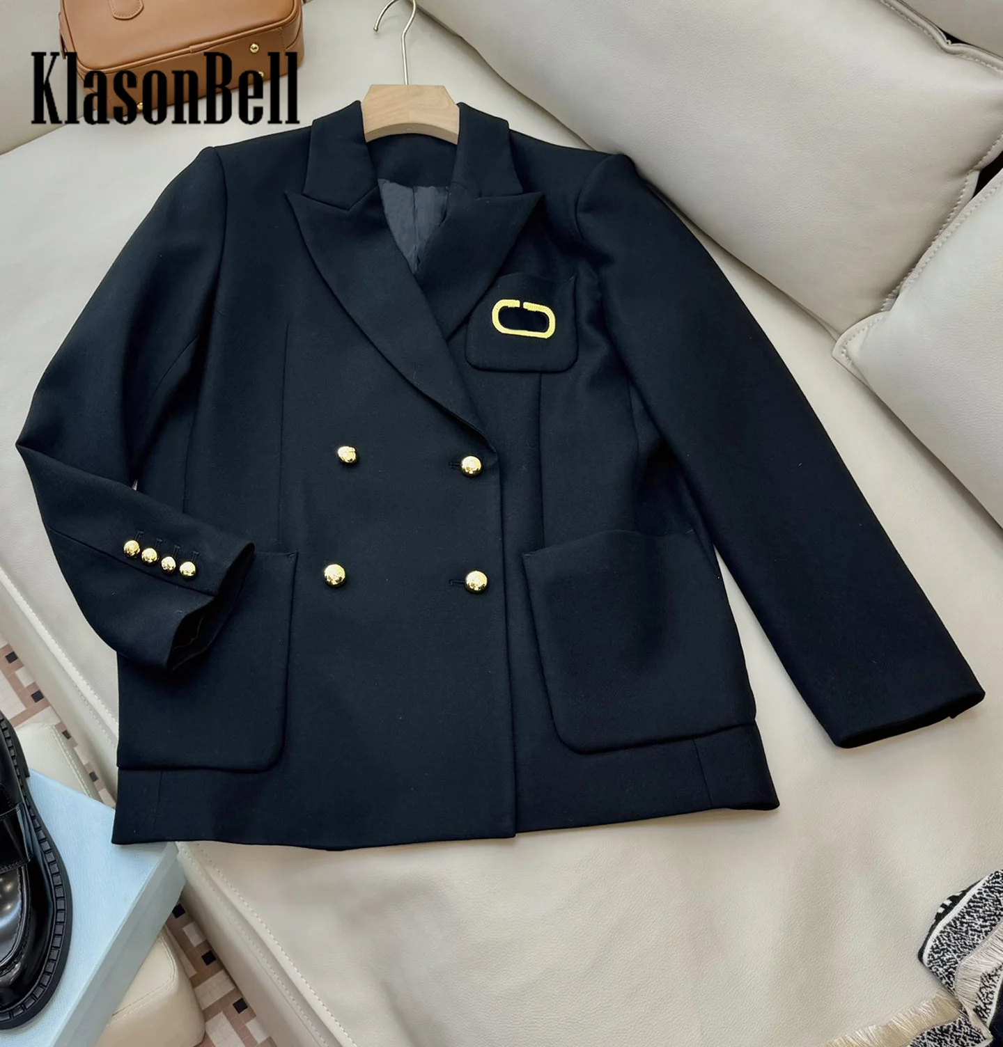 9.7 KlasonBell Women\'s Gold Color Letter Embroidery Wool Blend Blazer Double Breasted Pocket Back Split Mid-Length Jacket