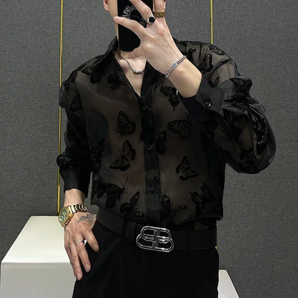 Mens Shirts See-Through Butterfly Mesh Tops Niche Streetwear Personality Nightclub Stage Performance Shirts Men'S Wear Summer